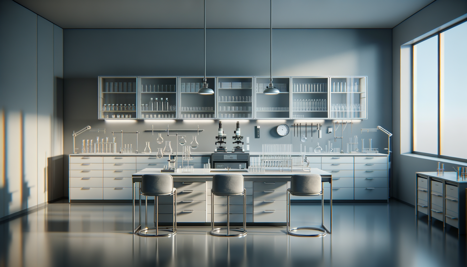 A modern laboratory with white cabinets, glassware, microscopes, laboratory equipment, and large windows.