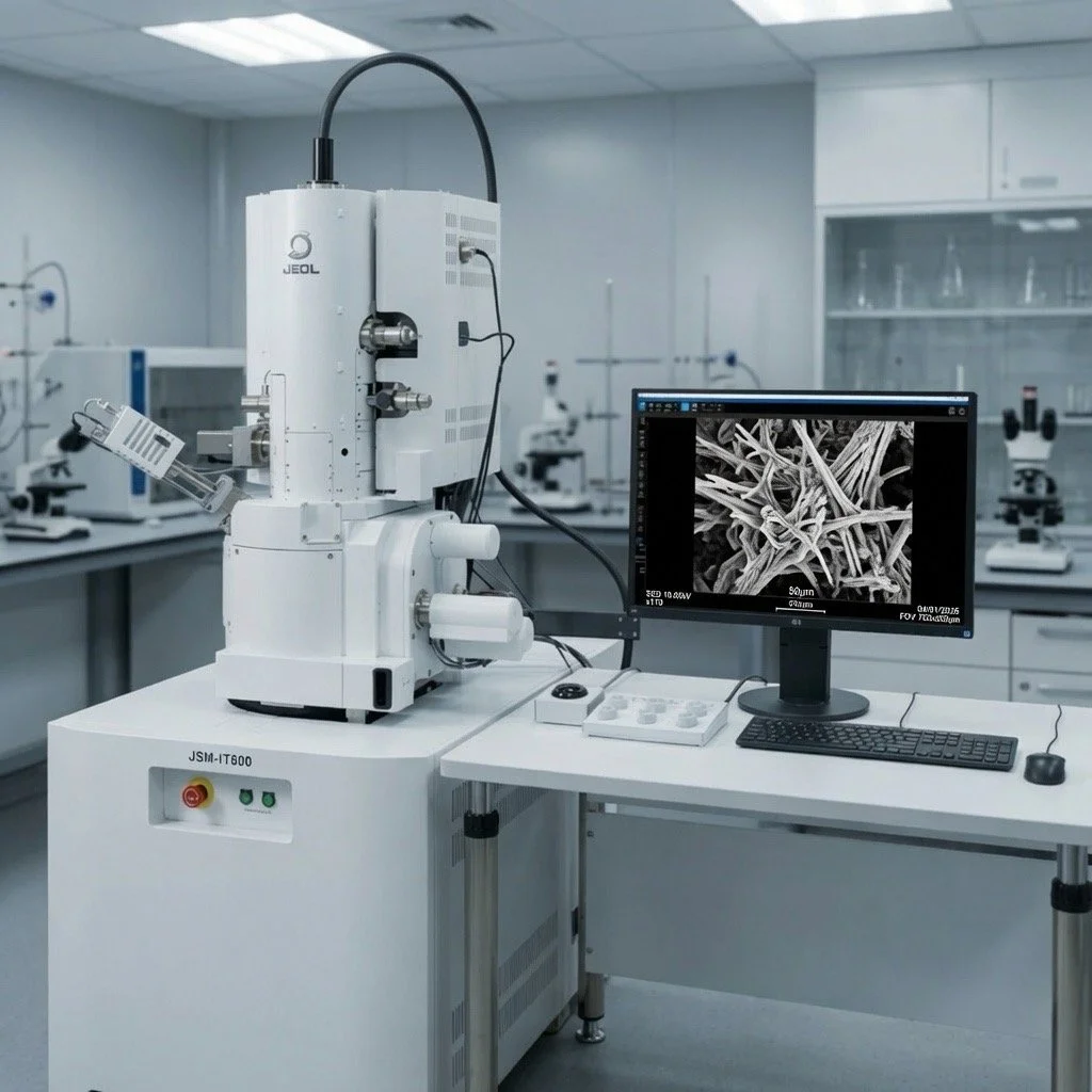 A scientific laboratory featuring a large, white, industrial microscope connected to a computer monitor displaying a detailed black-and-white microscopic image of fibrous material. The lab has light-colored walls, shelves with glassware, and additional microscopes in the background.
