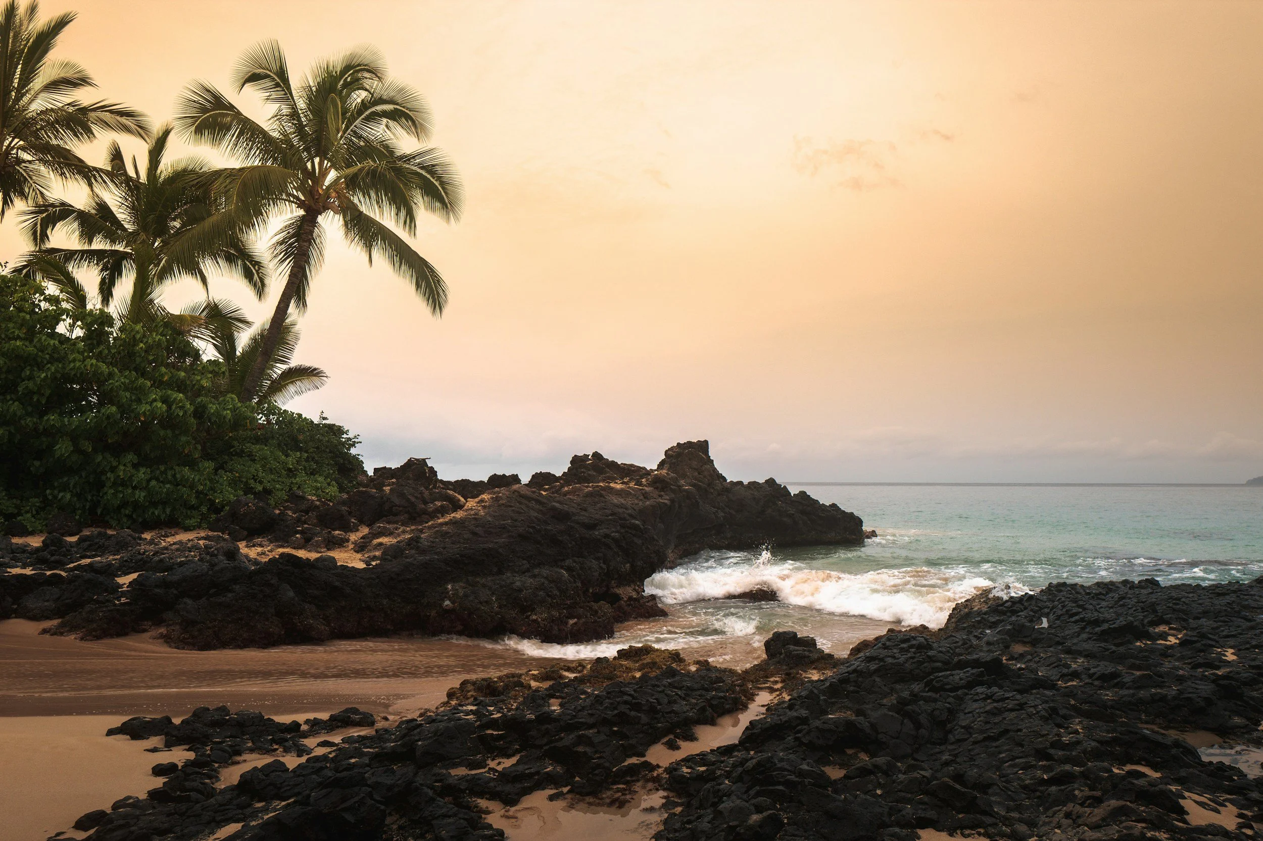 A beach scene at sunset with palm trees, dark volcanic rocks, and gentle waves on the shoreline.