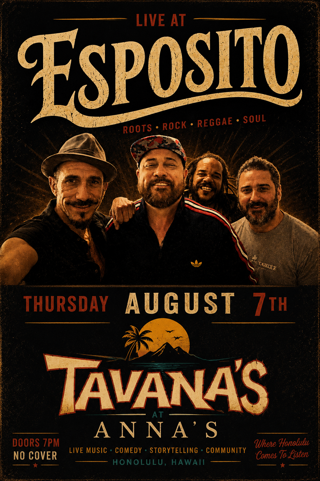Event poster for a live music show featuring Esposito on August 7th at Tavaña's at Anna's in Honolulu, Hawaii. The poster includes a photo of four smiling men, with one wearing a hat and another with dreadlocks, against a backdrop of a sunset over mountains and a palm tree.