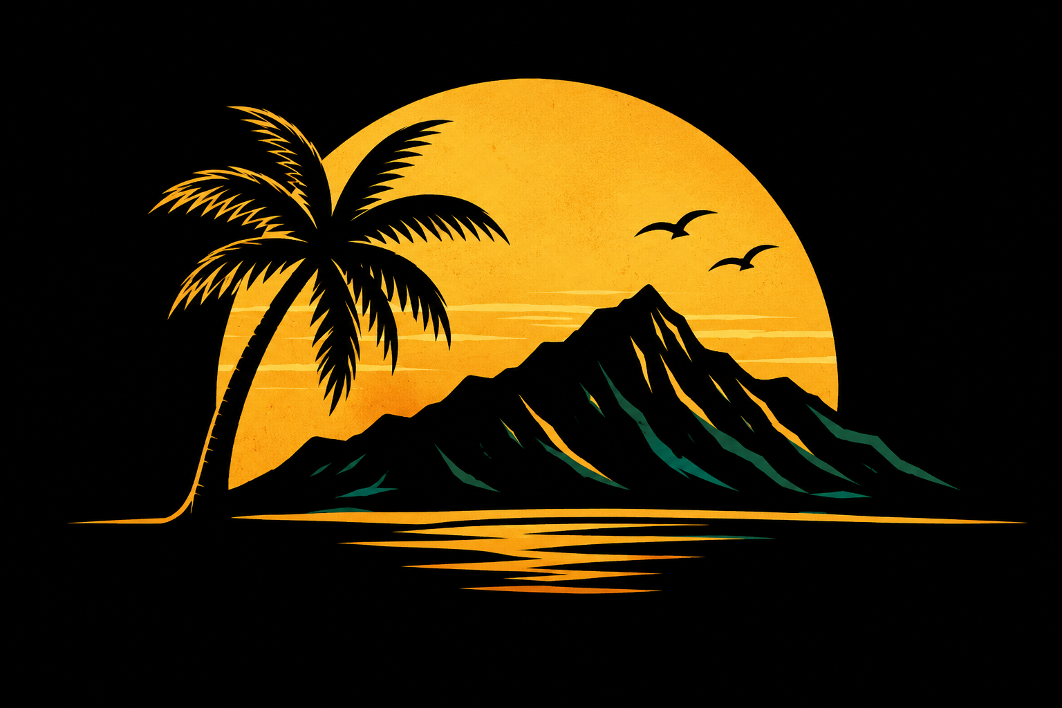 Graphic of a sunset with a large yellow sun, a mountain, a palm tree, and two birds flying in the sky.