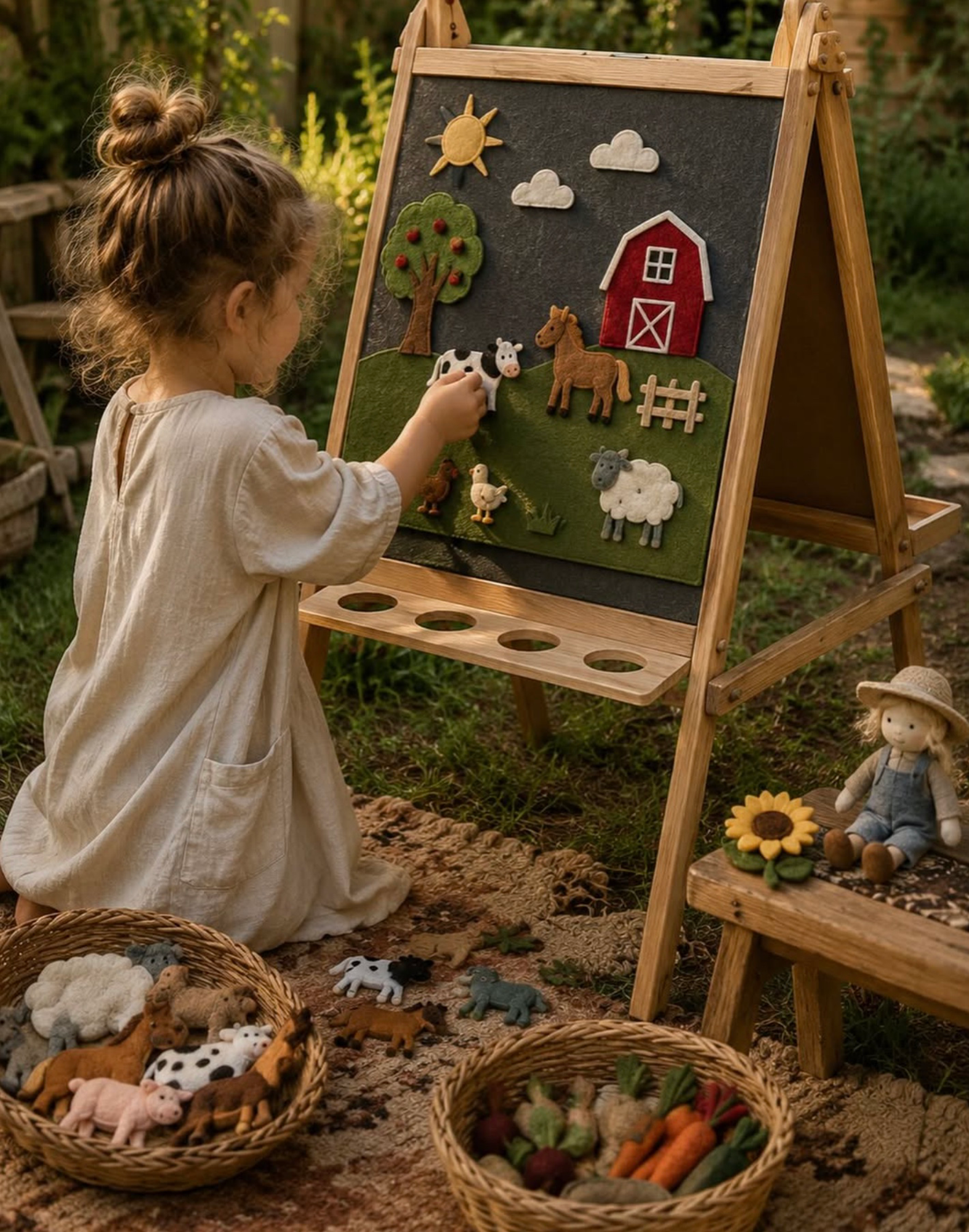 Child playing with Chickadee USA wooden and felt toys