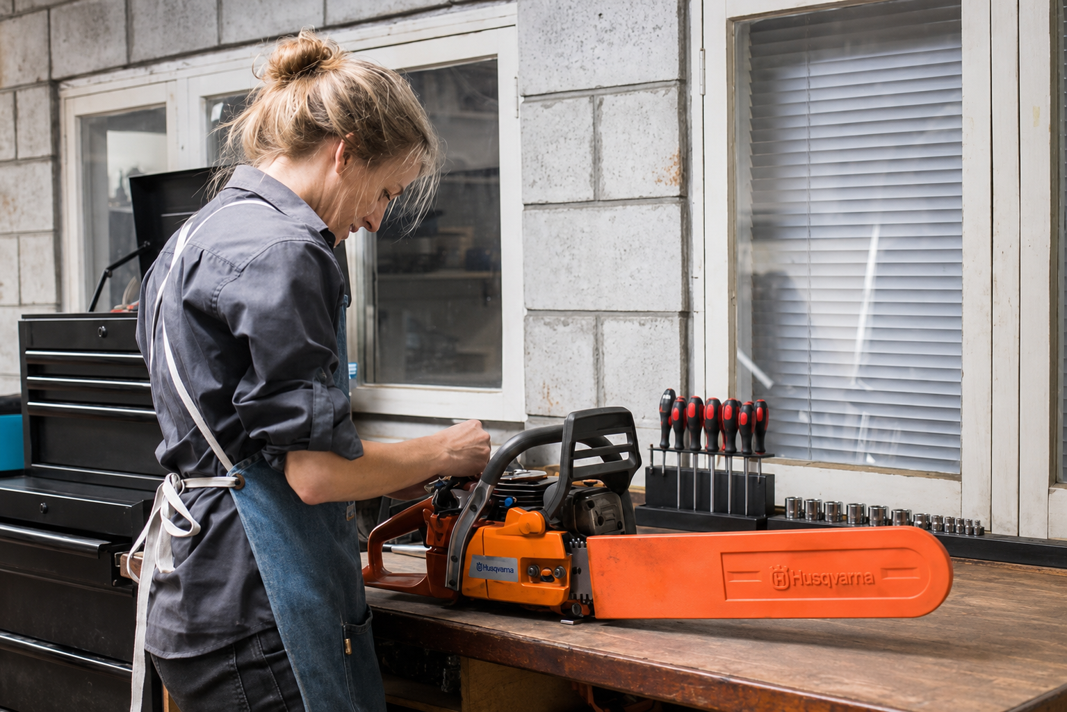 A woman working in a workshop on a Husqvarna chainsaw on a wooden workbench, with various screwdrivers and tools nearby.
