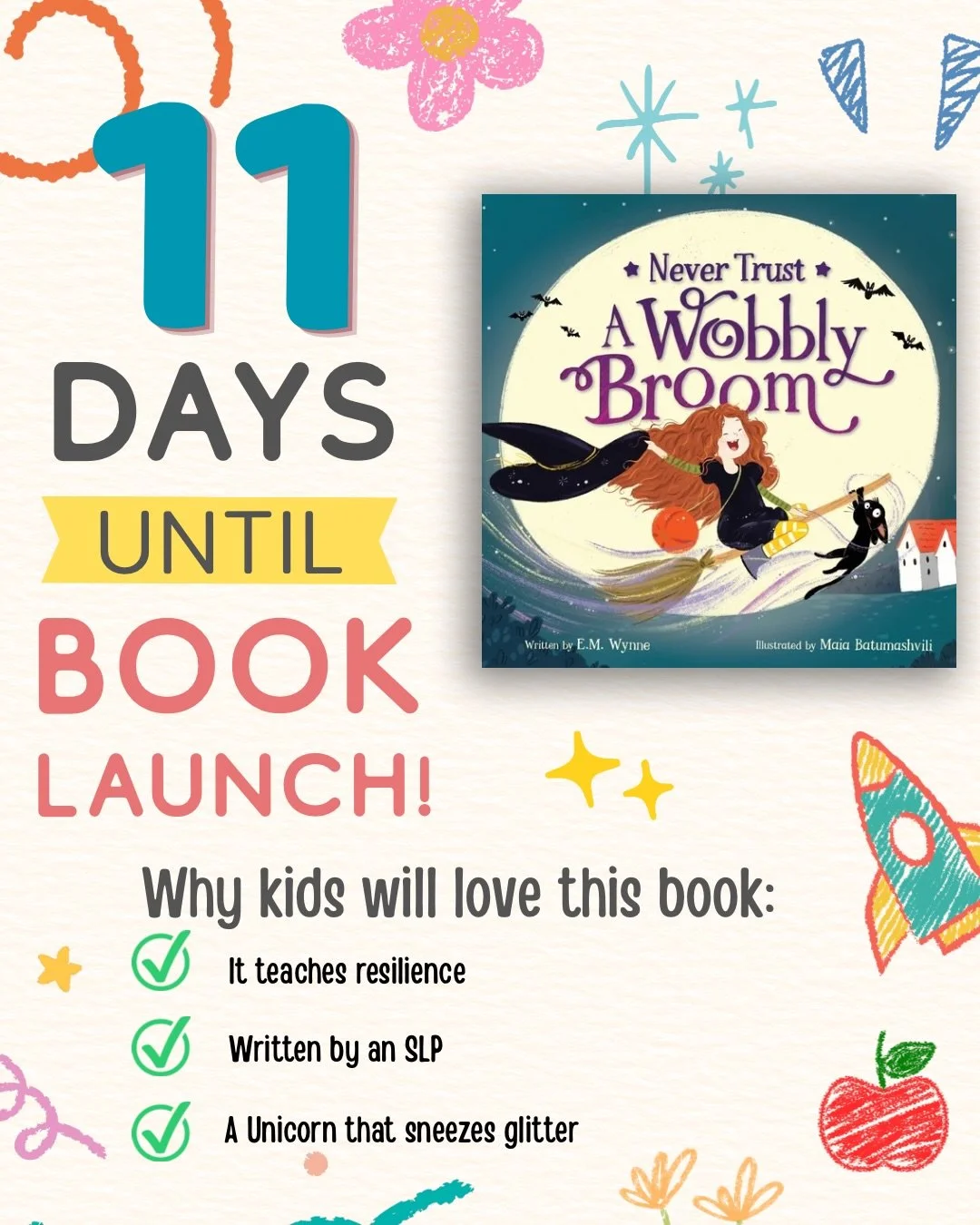 🧹✨ 11 DAYS TO GO! ✨🧹

Poppy, Cobweb, one very wobbly broom, and a Unicorn with glitter sneezes are almost ready for takeoff! 🎃🦄✨

Never Trust a Wobbly Broom launches August 25th! 💜

#NeverTrustAWobblyBroom #ChildrensBooks #PictureBooks #KidsBook
