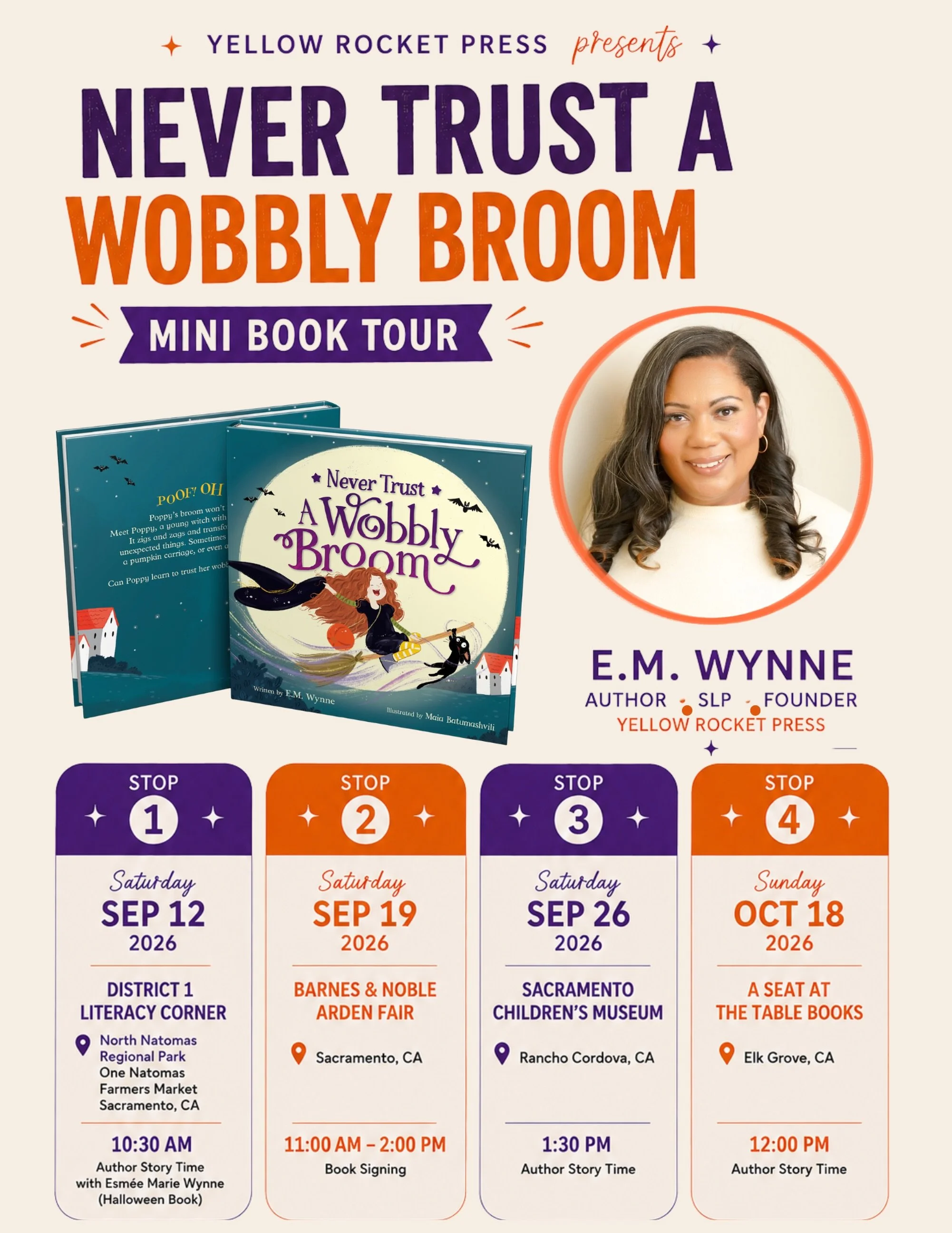 🧹✨ I&rsquo;m going on a mini book tour! ✨🎃

I&rsquo;m bringing Never Trust a Wobbly Broom around the Sacramento area this fall, and I would LOVE to see you there! 💜

Join me for story times, a book signing, a little Halloween magic, and plenty of 
