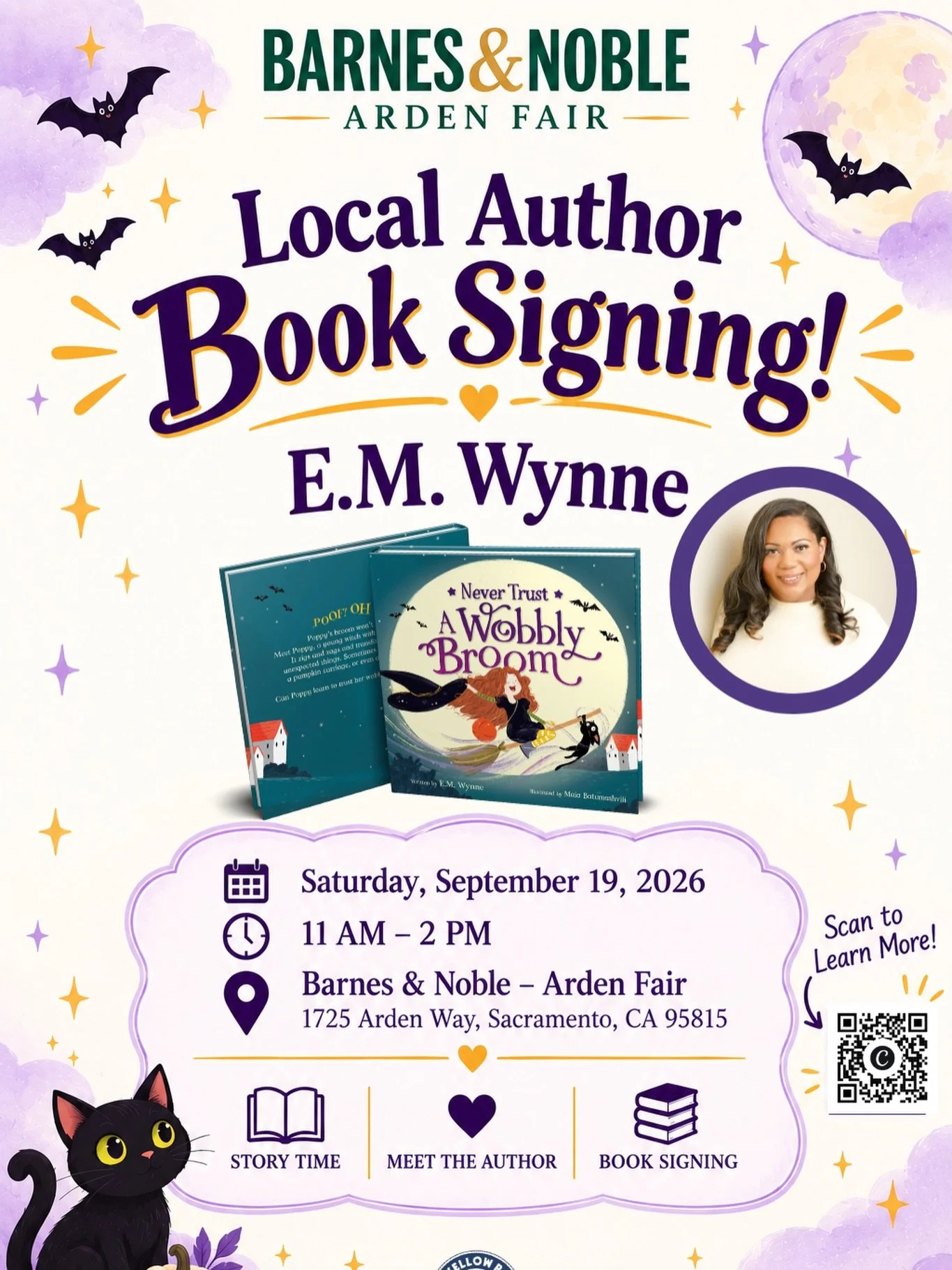 🎃 Sacramento, come celebrate Halloween with me at Barnes &amp; Noble! 📚✨

Join local children&rsquo;s author E.M. Wynne for a magical Halloween Story Time &amp; Book Signing featuring Never Trust a Wobbly Broom! 🧹💜

📖 Halloween Story Time
✍🏽 Me