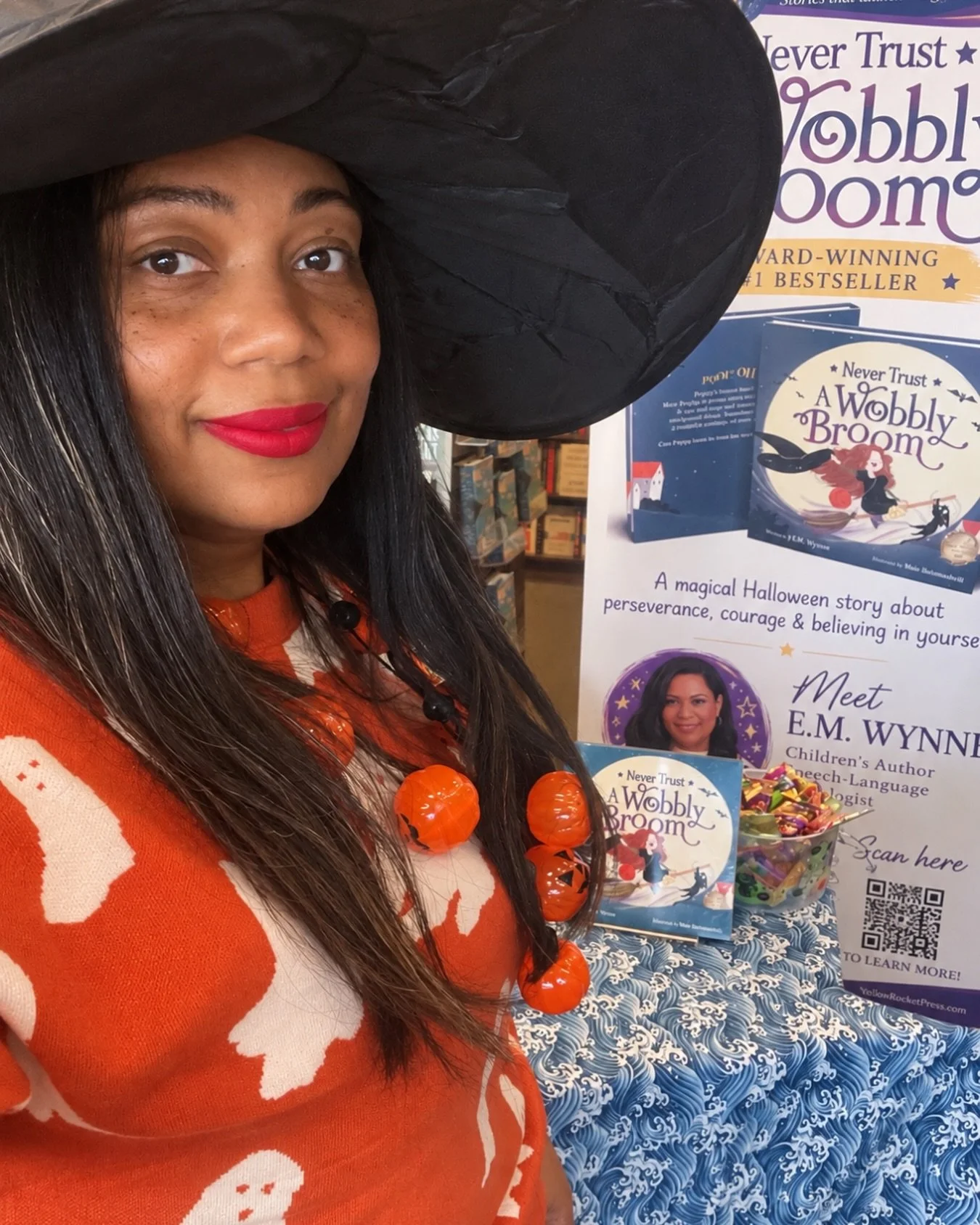Had to go all out for story time! 🧙🏾&zwj;♀️🧹📚
A little wobbly and a little witchy ✨🎃

Such a fun day sharing Never Trust a Wobbly Broom at Barnes &amp; Noble! 💜

#NeverTrustAWobblyBroom #EMWynne #BarnesAndNoble #SacramentoAuthor #HalloweenBooks