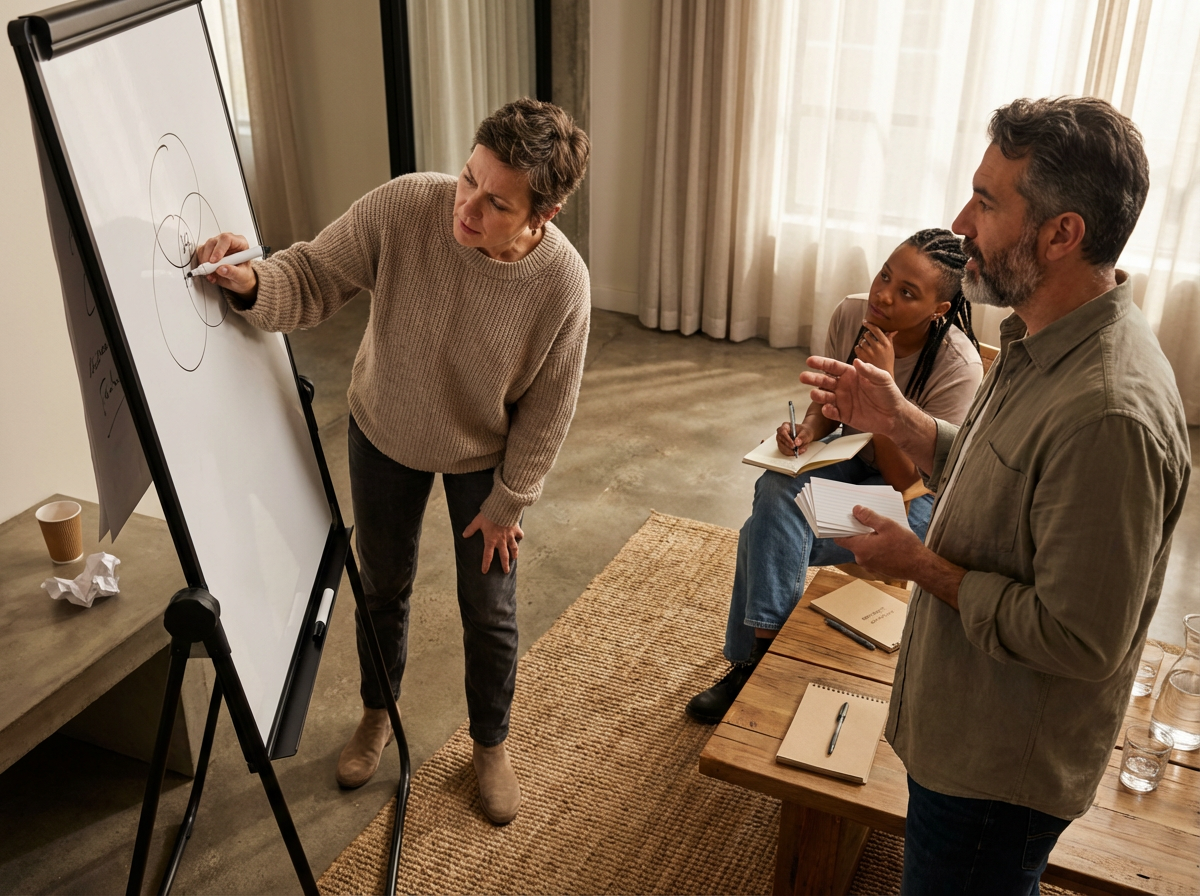 A woman is teaching or presenting diagrams on a whiteboard to two seated individuals, a man and a woman in a room with large windows and curtains.