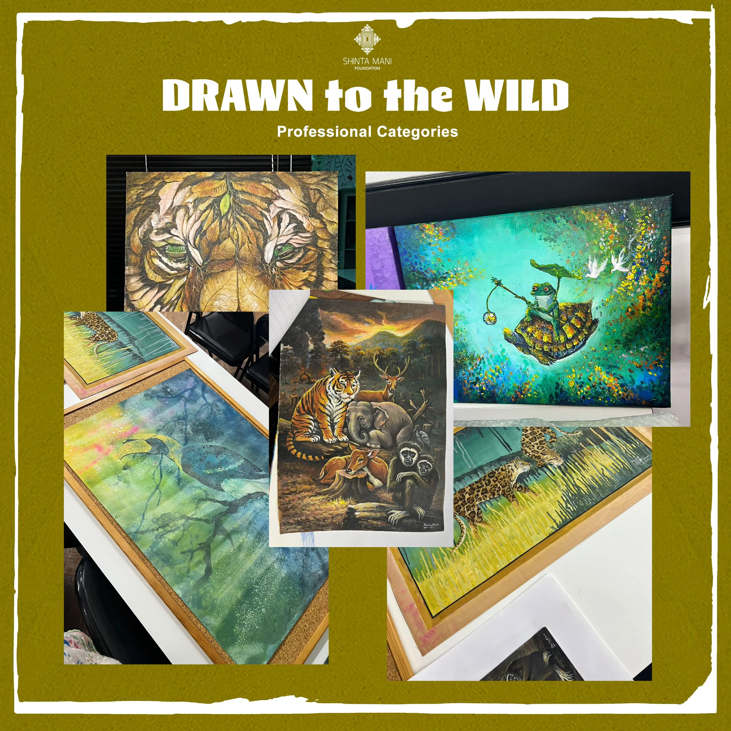 Collection of colorful paintings featuring various wildlife and nature scenes displayed on white tables.