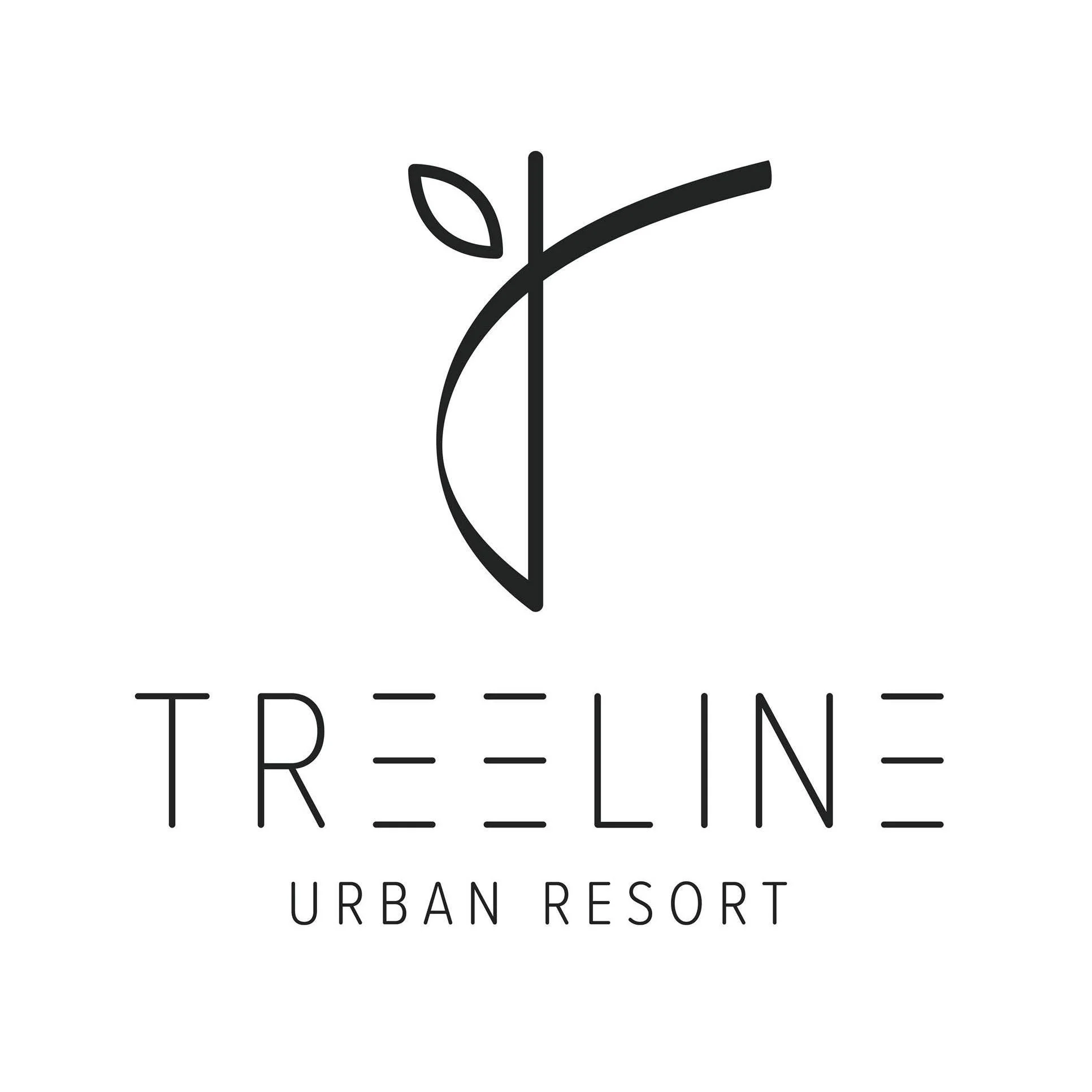 Logo of TreeLine Urban Resort featuring a minimalist line drawing of a tree with a curved branch and two leaves.