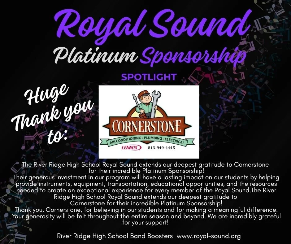 Thank you message for Cornerstone from River Ridge High School Royal Sound, expressing gratitude for Platinum Sponsorship, with a logo of Cornerstone and a cartoon character holding a wrench and screwdriver.