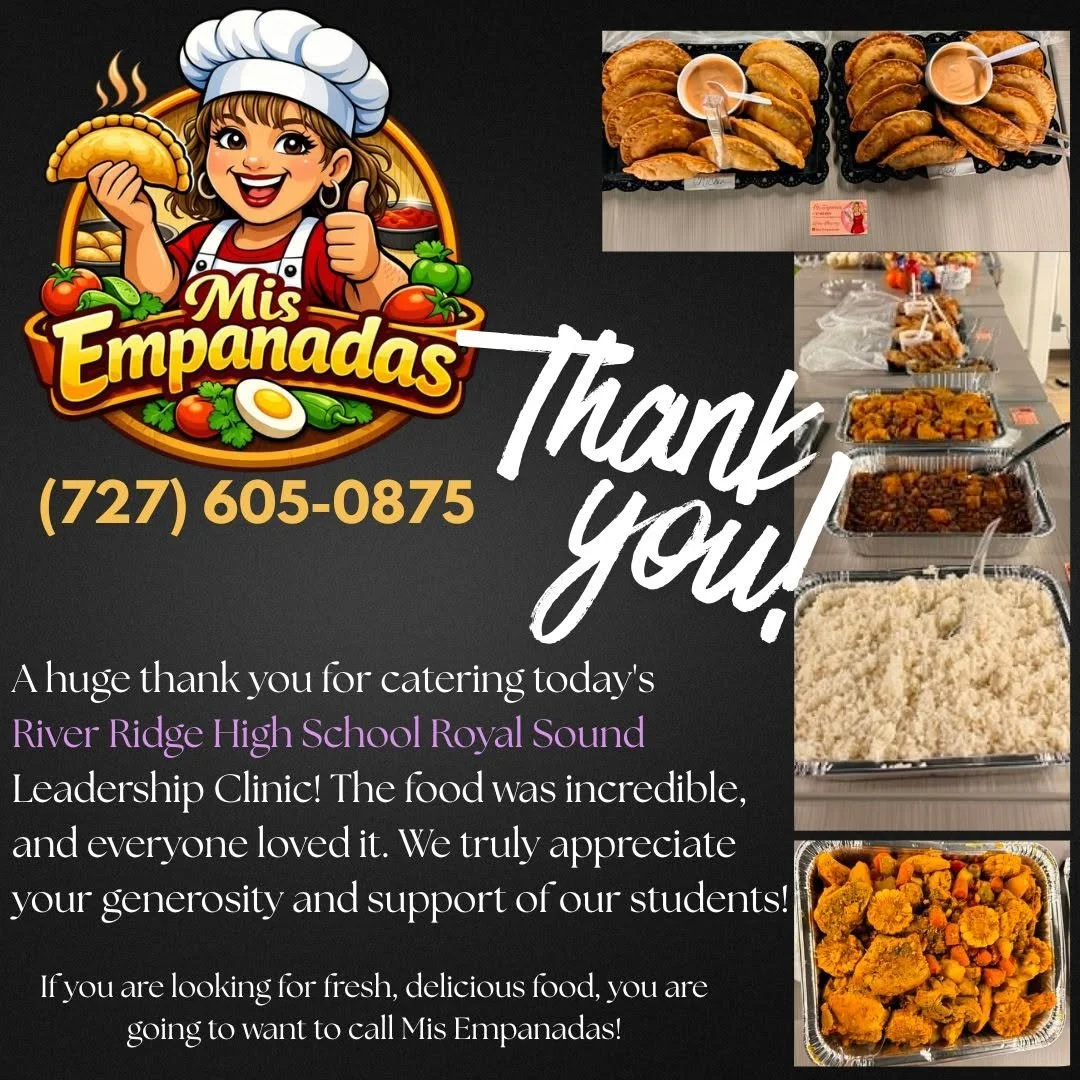 A promotional flyer for Miss Empanadas featuring a cheerful cartoon woman chef holding a steaming empanada. The flyer includes a phone number, a thank you message to River Ridge High School for their leadership clinic, and photos of assorted empanadas and side dishes served in trays.