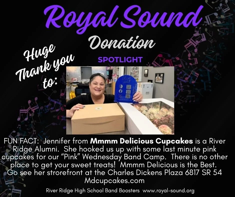 Overlay text with musical notes background, promoting Royal Sound donation with a photo of a smiling woman holding a cake and a coffee.