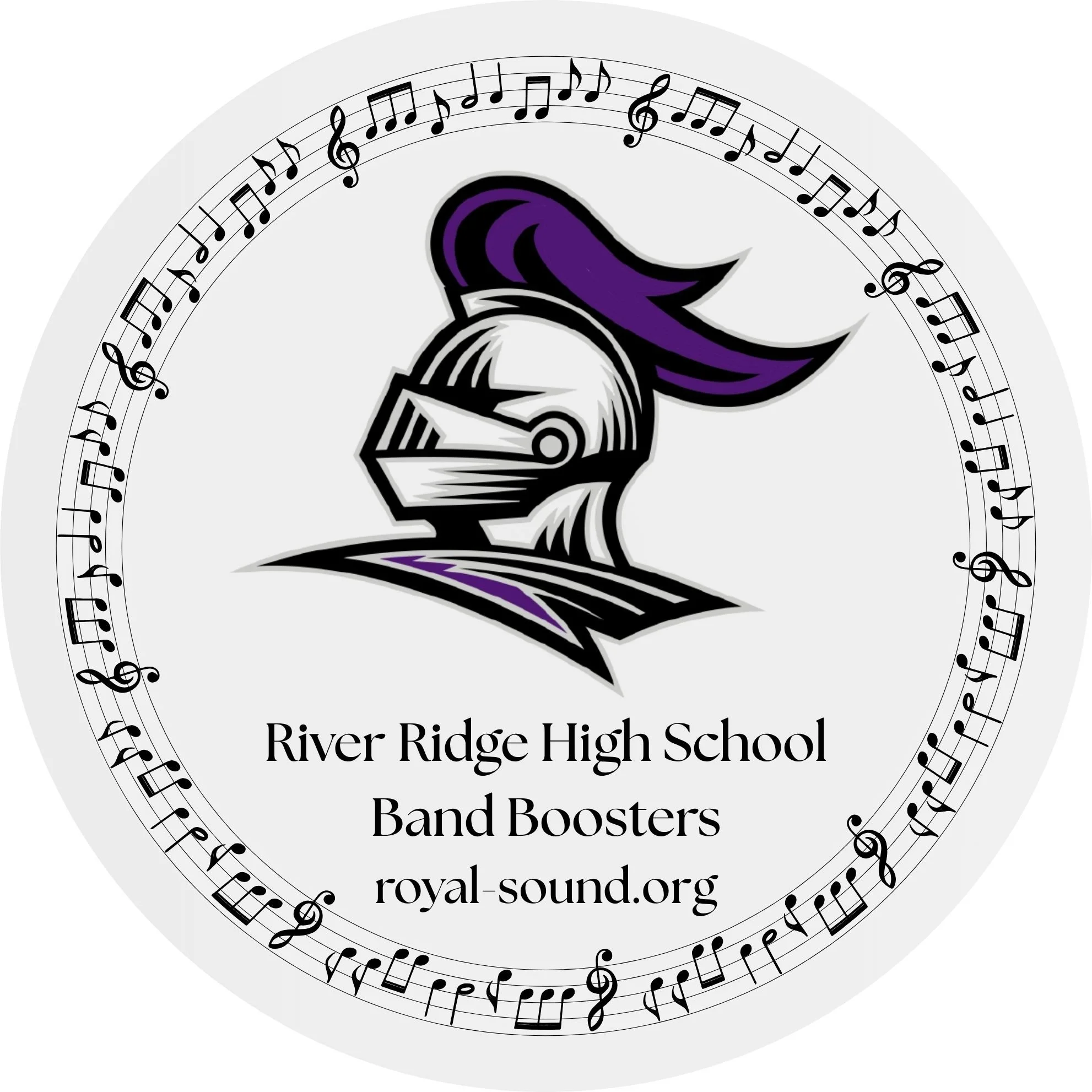 A circular label with musical notes around the border, a purple and black Viking helmet logo in the center, and text promoting River Ridge High School Band Boosters at royal-sound.org.