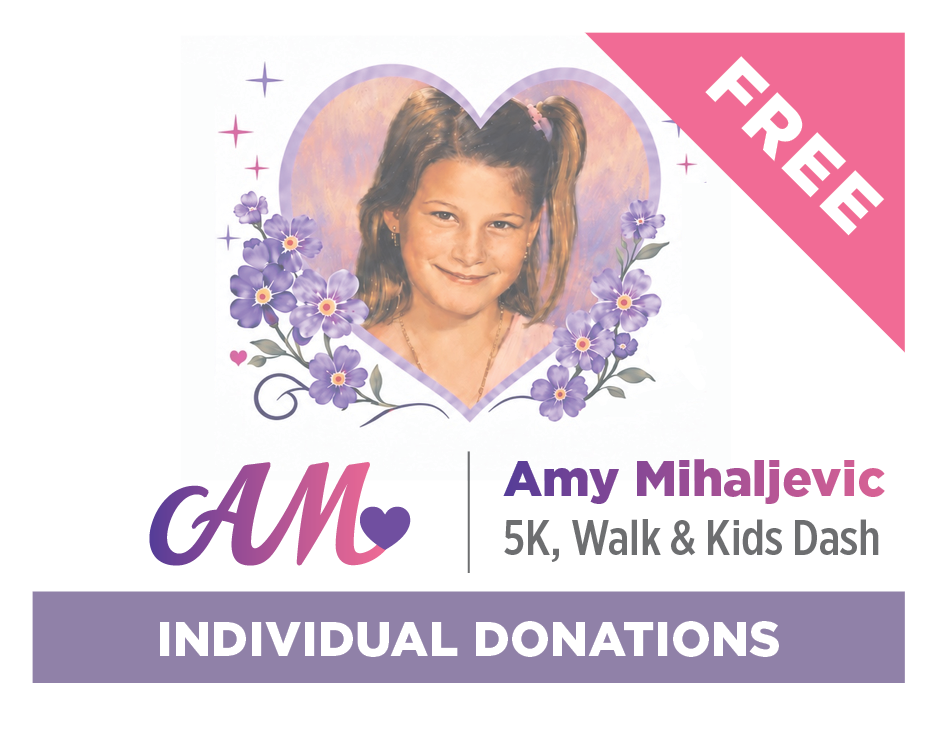 A promotional graphic for a charity run featuring a young girl with a hair ponytail inside a heart with purple flowers. The event is in honor of Amy Mihaljevic, a 5K walk and kids dash. A pink banner in the top right corner says 'FREE'.