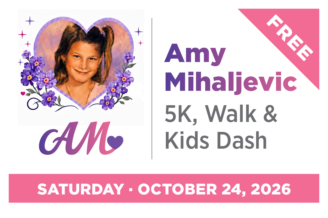 A promotional graphic for Amy Mihaljevic 5K, Walk & Kids Dash event on October 24, 2026, featuring a girl's portrait with floral decoration inside a heart shape.
