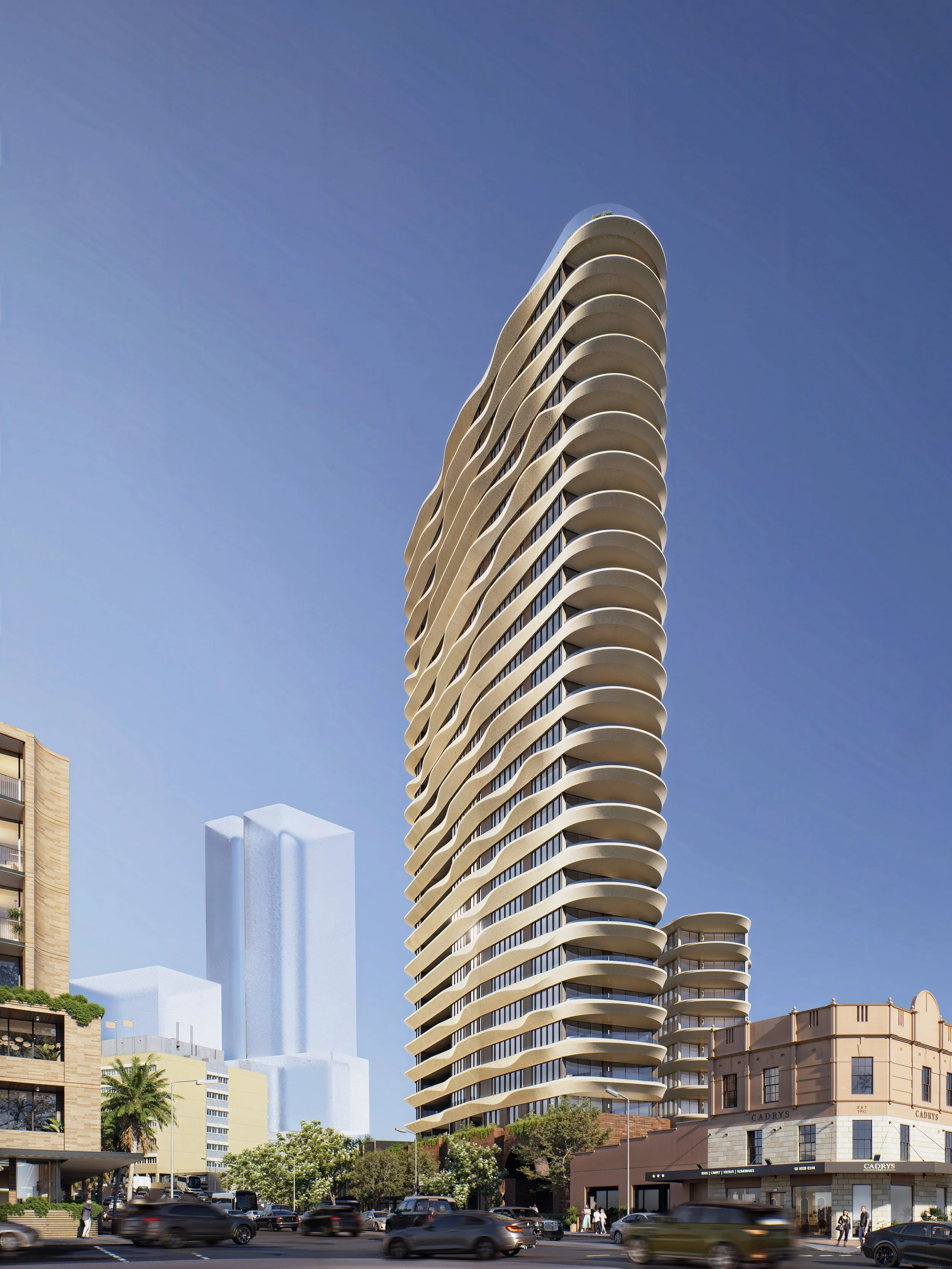 A modern high-rise building with wavy, curved balconies on each floor, standing amid other shorter buildings, with cars and pedestrians in the street below under a clear blue sky.