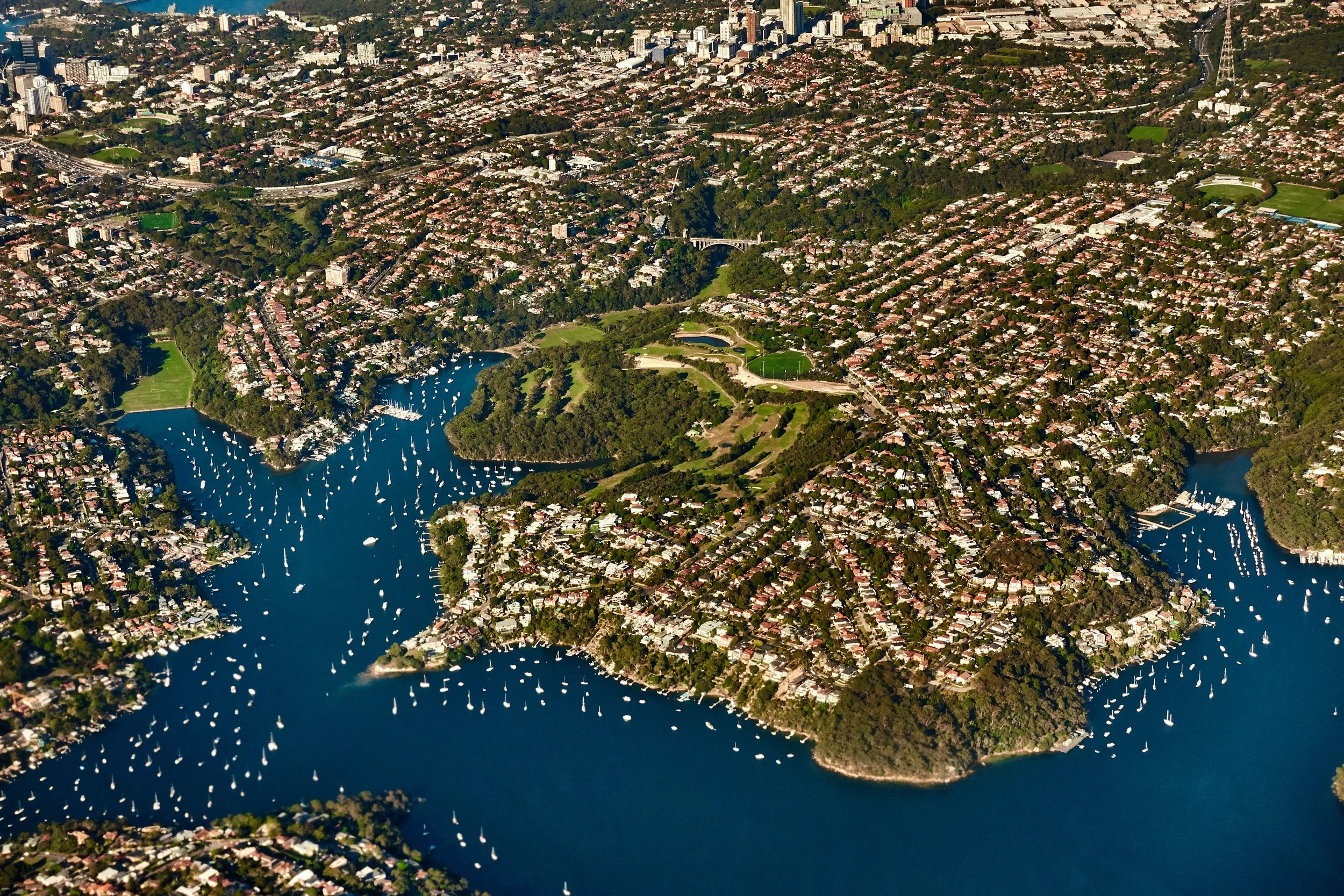 An aerial view of a city with densely packed residential houses, green parks, a body of water with numerous sailboats, and high-rise buildings in the background.