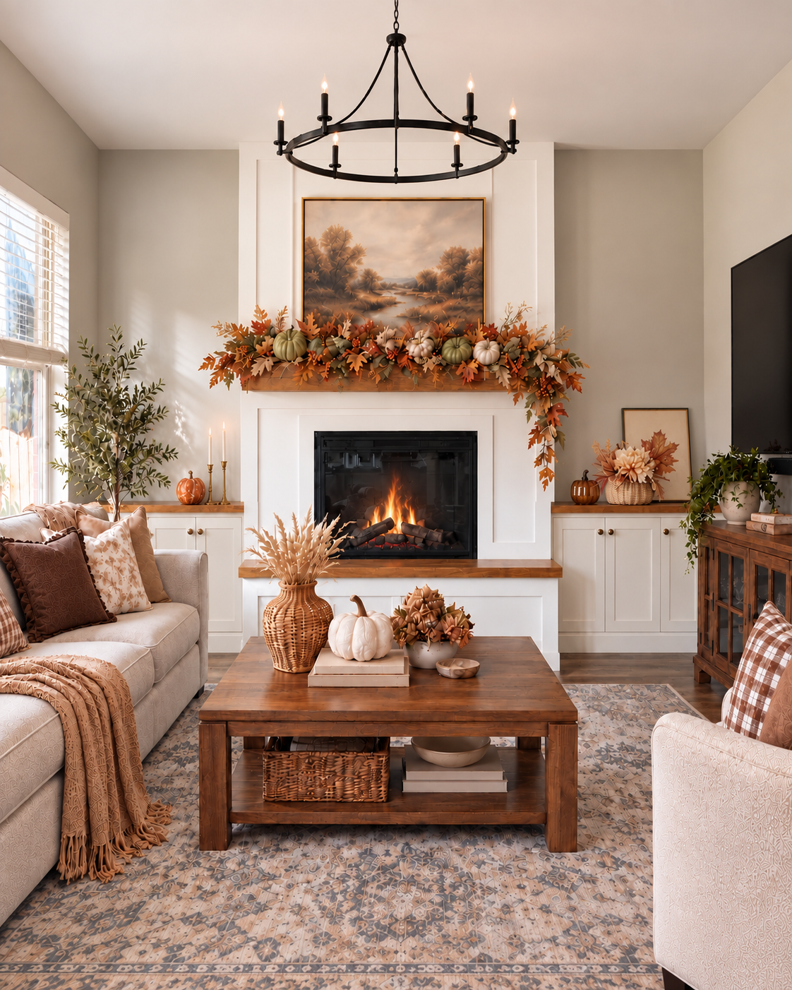 Light-filled fall living room styled with cream seating, warm brown pillows, pale pumpkins, a wood coffee table, and autumn garland draped across a white fireplace mantel.
