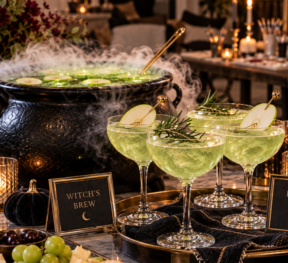 Pale green Witch’s Brew cocktail in a crystal coupe with an apple slice and rosemary garnish on a brass tray.