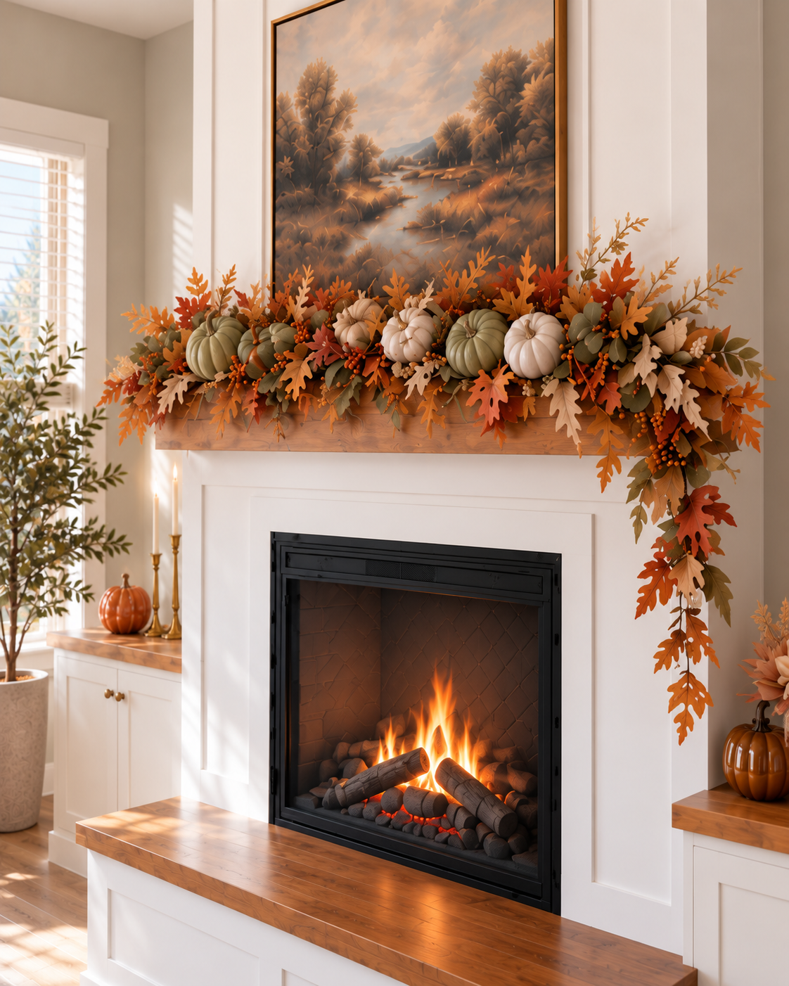 White fireplace and wood beam mantel draped with fall garland covered in orange, beige, green, and white mini pumpkins.