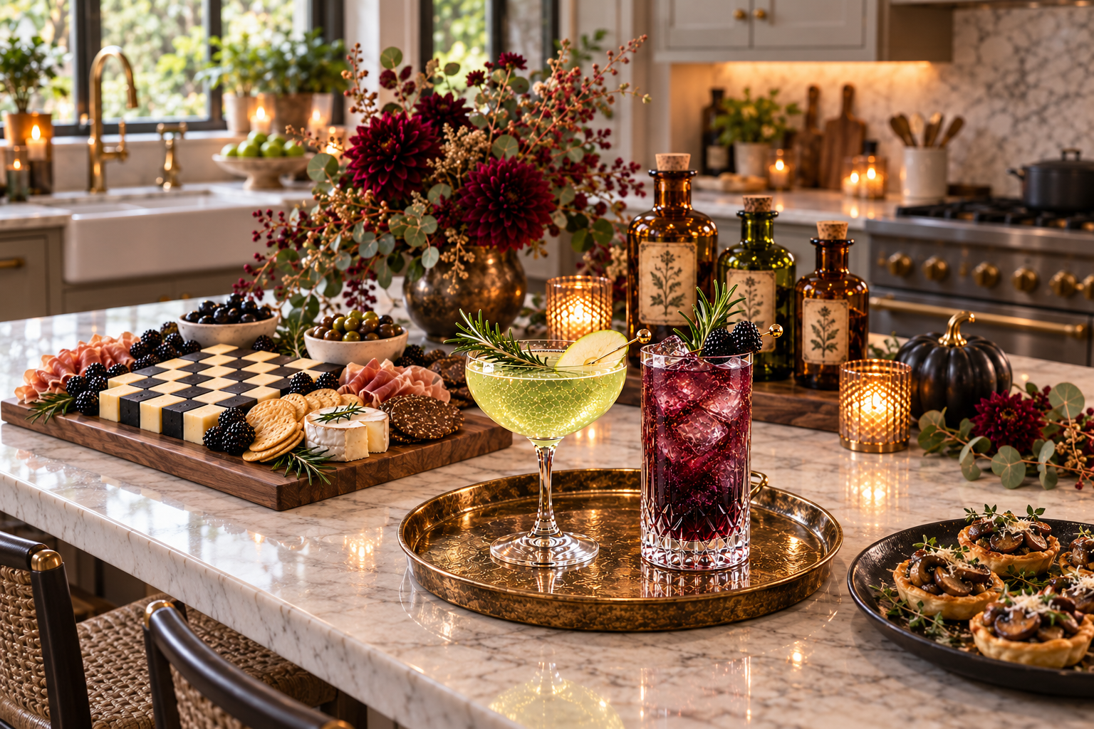 Halloween kitchen island with green and blackberry cocktails, a checkerboard cheese board, mushroom tartlets, apothecary bottles, and burgundy flowers.