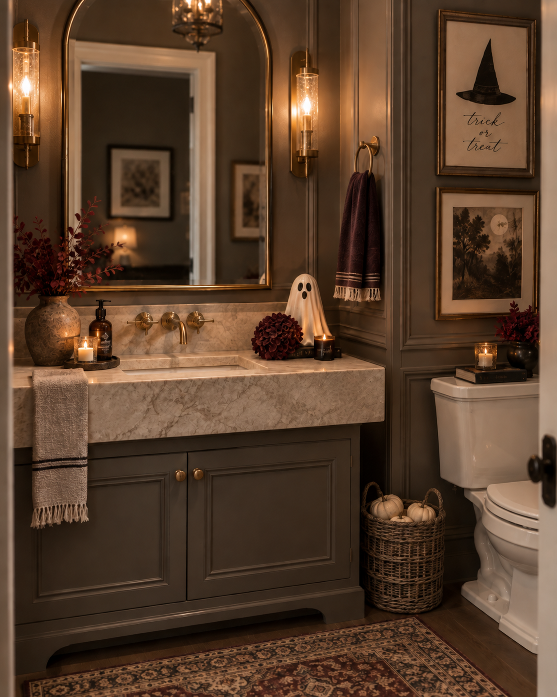 Moody Halloween powder room with dark paneled walls, brass sconces, marble vanity, ghost figurine, burgundy florals, pumpkins and vintage-inspired wall art.