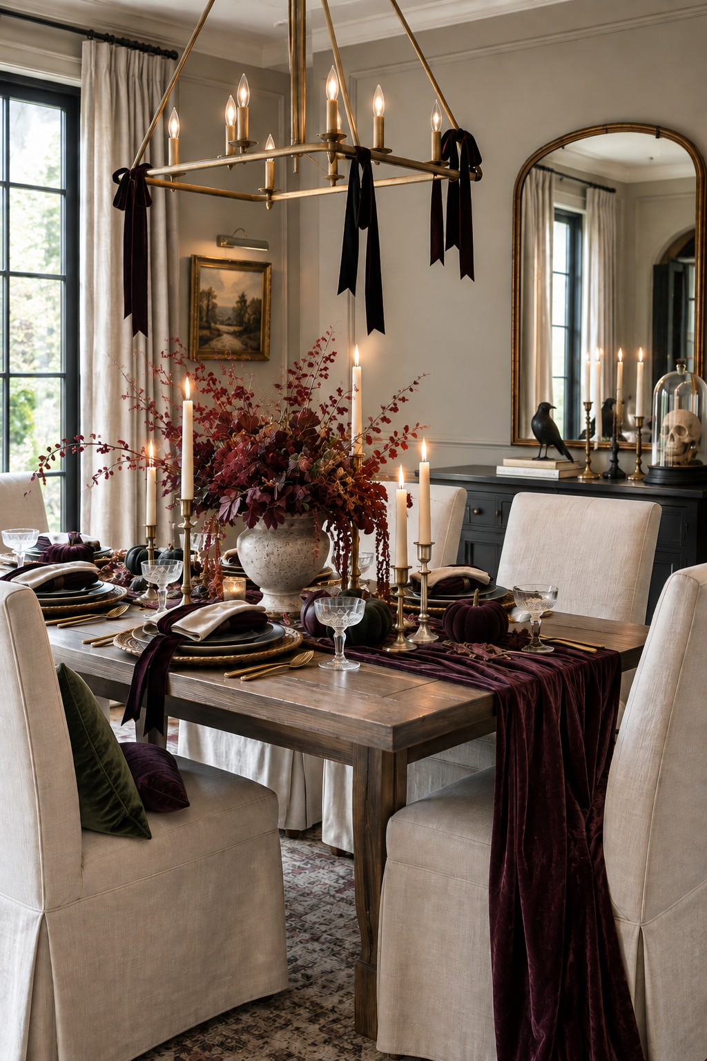 Elegant Halloween dining room with a burgundy floral centerpiece, velvet pumpkins, brass candlesticks, black dinnerware and velvet ribbons tied to a brass chandelier.