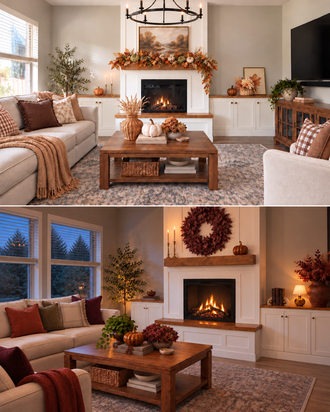 Living room styled two different ways - one with light traditional Fall decor and the other in darker Fall colors for a dramatic look.