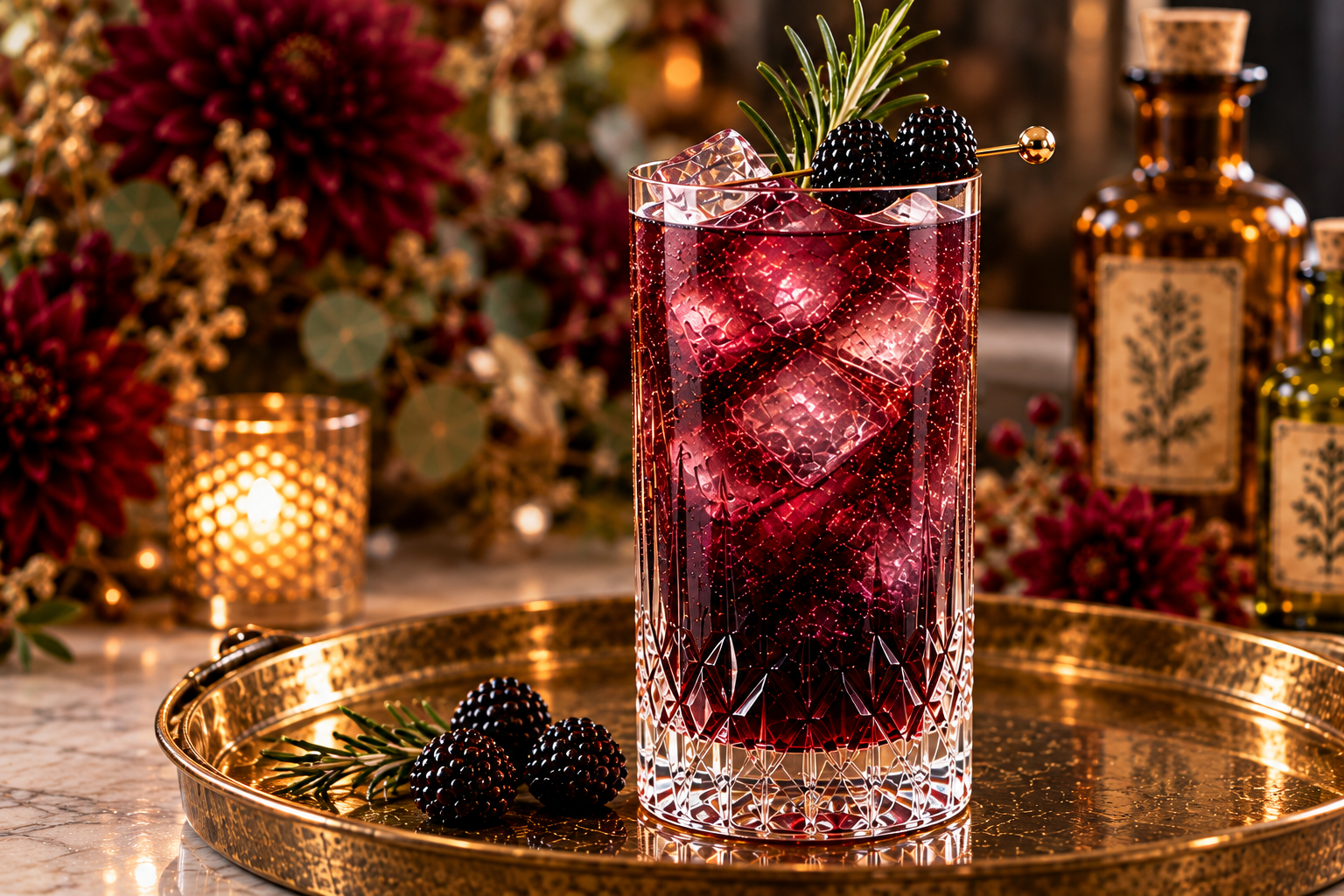Deep plum-colored Warlock’s Elixir cocktail over ice in a tall cut-crystal glass, garnished with blackberries and rosemary.