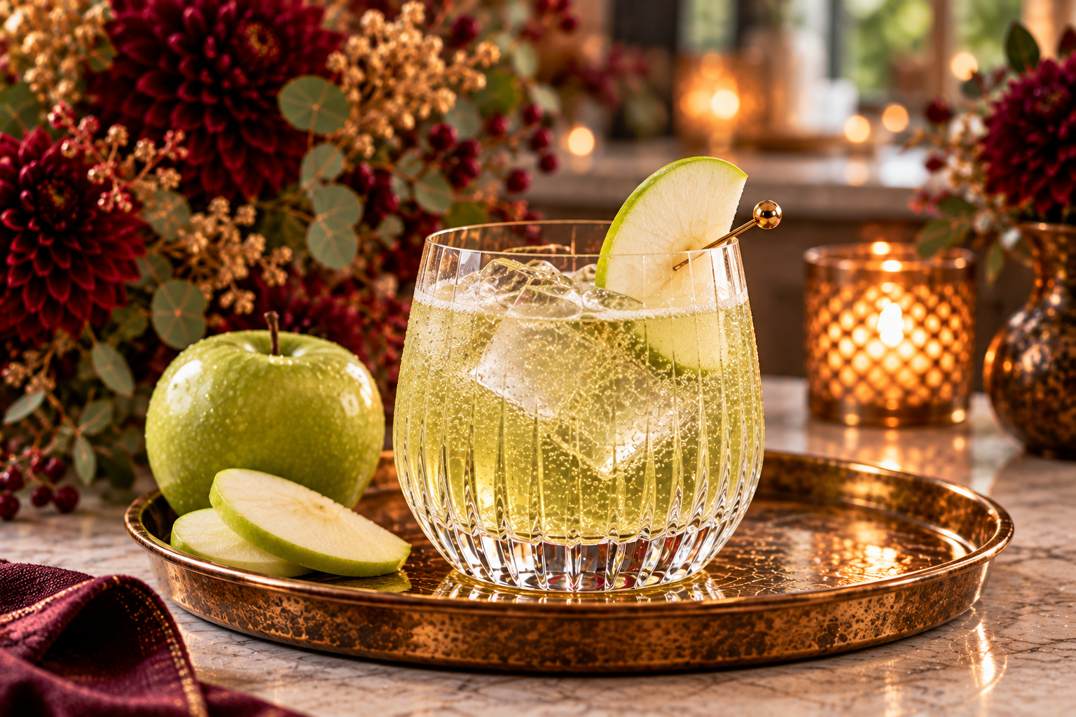 Pale green Little Spell mocktail over ice in a ribbed stemless glass, garnished with a thin green apple slice.