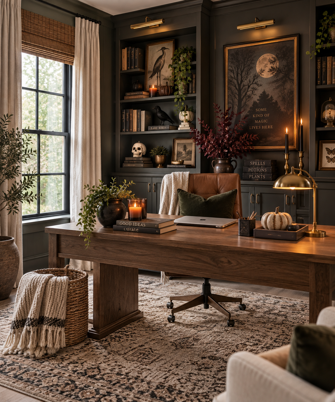 Moody home office decorated for Halloween with dark built-in bookcases, vintage artwork, black crow, skull, pumpkins, burgundy branches and warm candlelight.