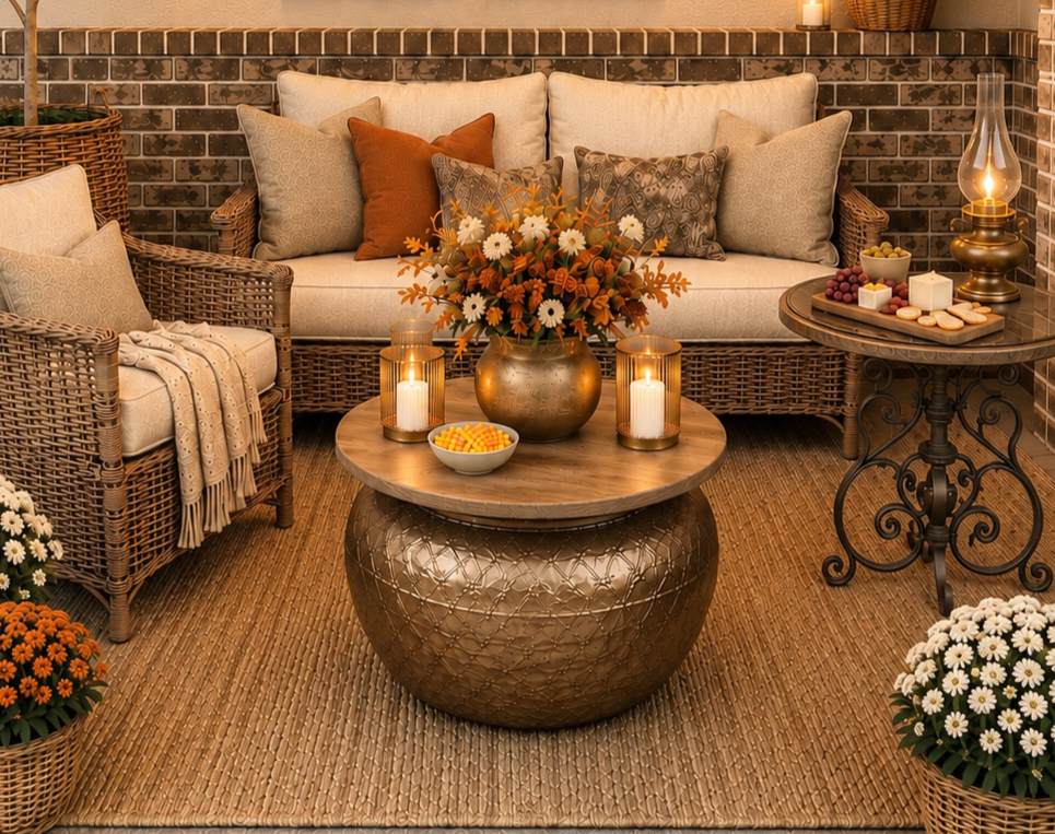 DIY outdoor coffee table made from a glazed ceramic planter with a walnut-stained wood top and hidden storage.