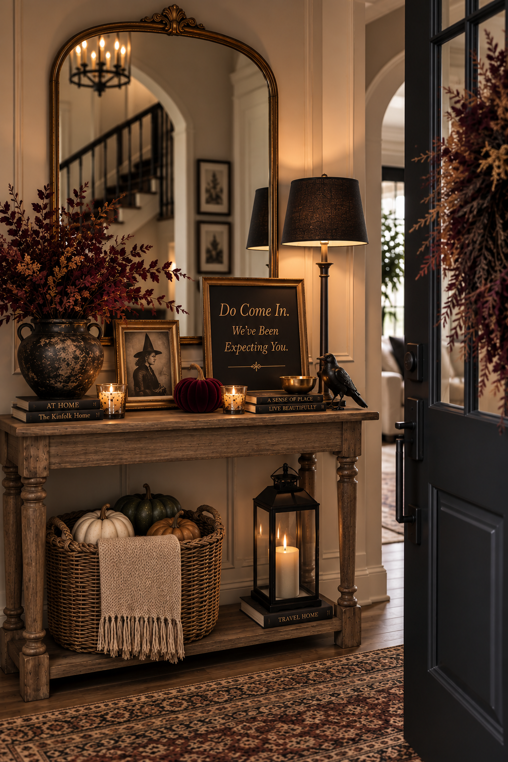 Elegant Halloween entryway with a wood console table, vintage witch portrait, black crow, burgundy florals, velvet pumpkin, candles and a basket of fall pumpkins.