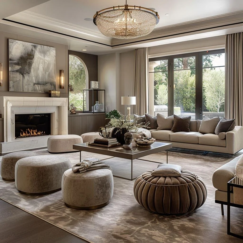Elegant neutral living room with layered furnishings. large windows, fireplace, statement chandelier, and warm timeless decor.