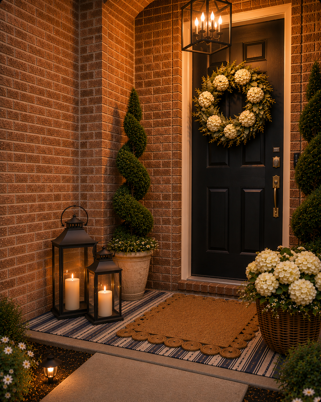 Brick front entry with a black door, cream floral wreath, spiral topiaries, black candle lanterns, hydrangea planter, and layered outdoor rugs.