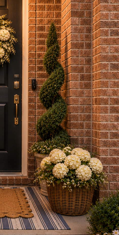 Spiral topiary with cream hydrangeas in a woven planter beside a classic black front door.