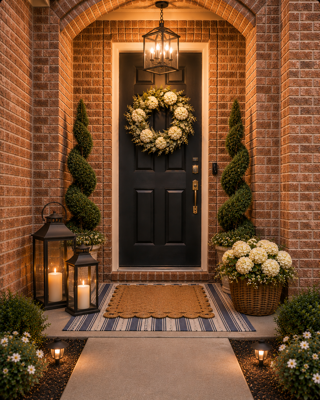 classic brick front entry with a black door, hydrangea wreath, spiral topiaries, layered doormats, lanterns, and warm pendant lighting.