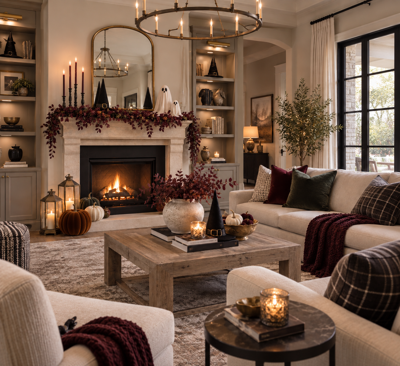 Elegant living room decorated for Halloween with rich autumn colors, layered textures and subtle sophisticated Halloween accents.