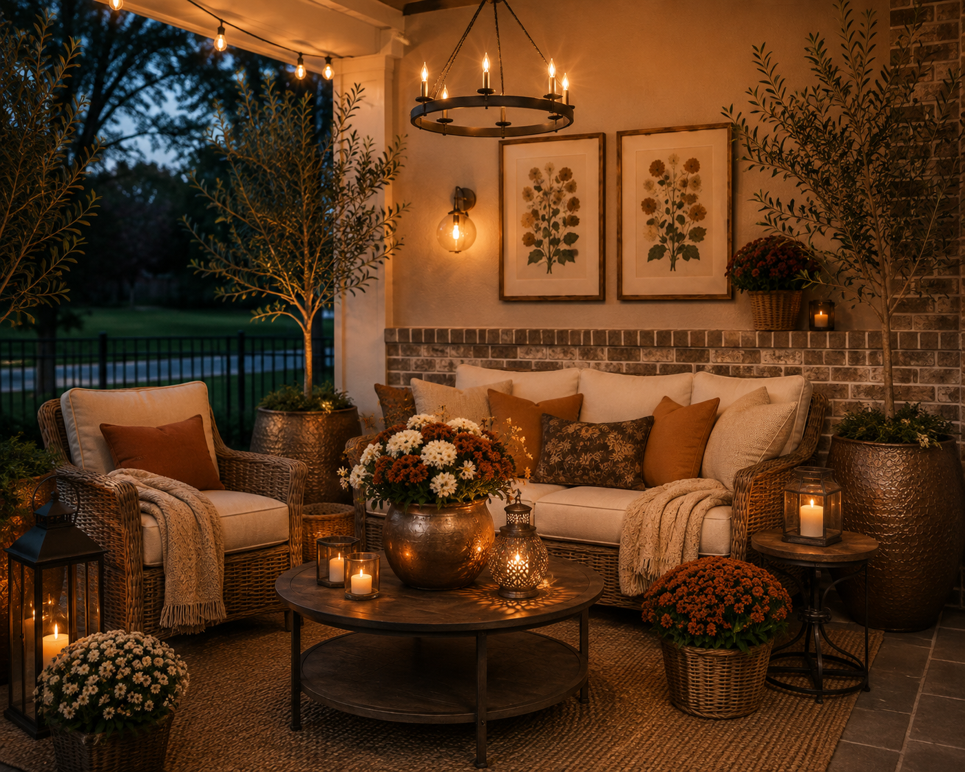 Elegant fall patio decorated without pumpkins using wicker furniture, warm layered lighting, olive trees, bronze planters, candles, and autumn mums for a timeless outdoor living space.