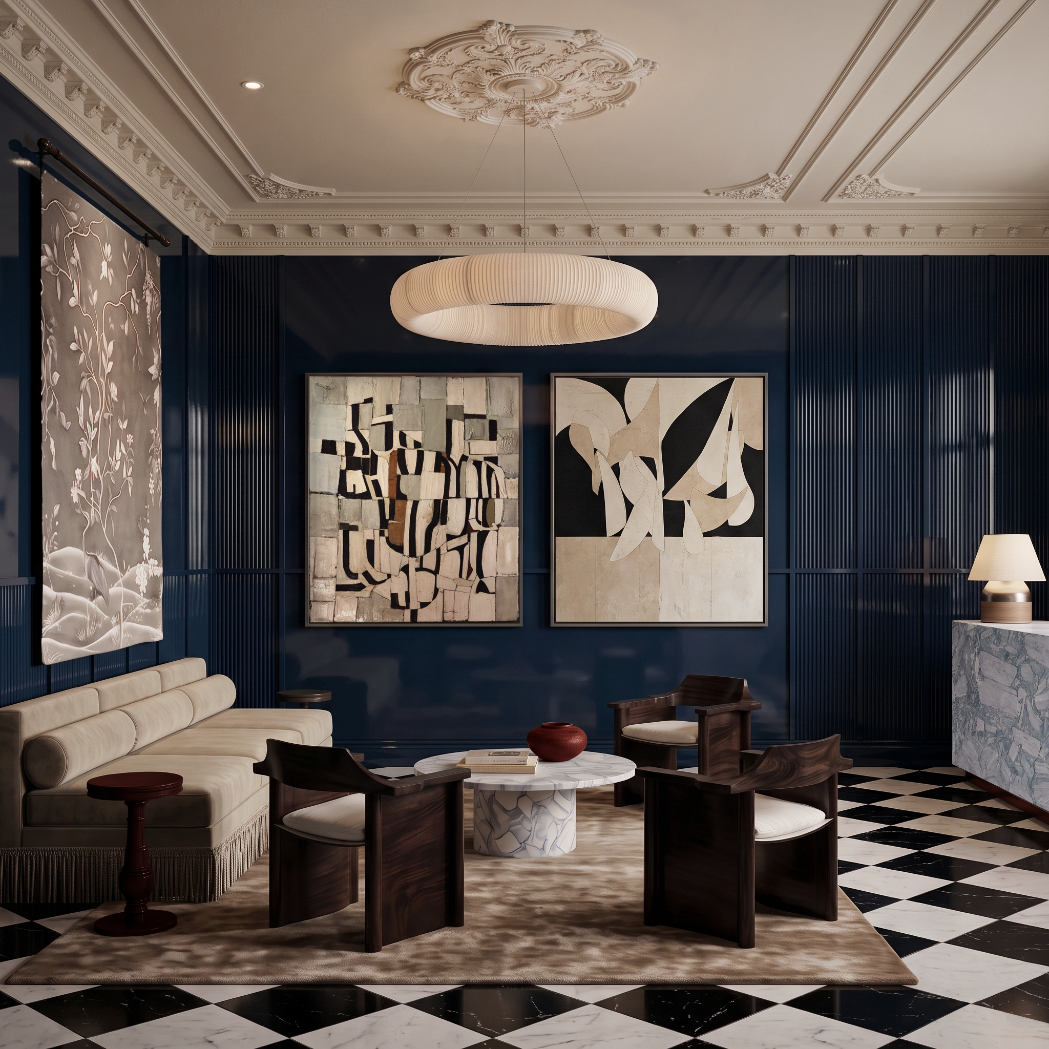 a refined yet fun and unique hotel waiting are blending classic detail with modernist furniture