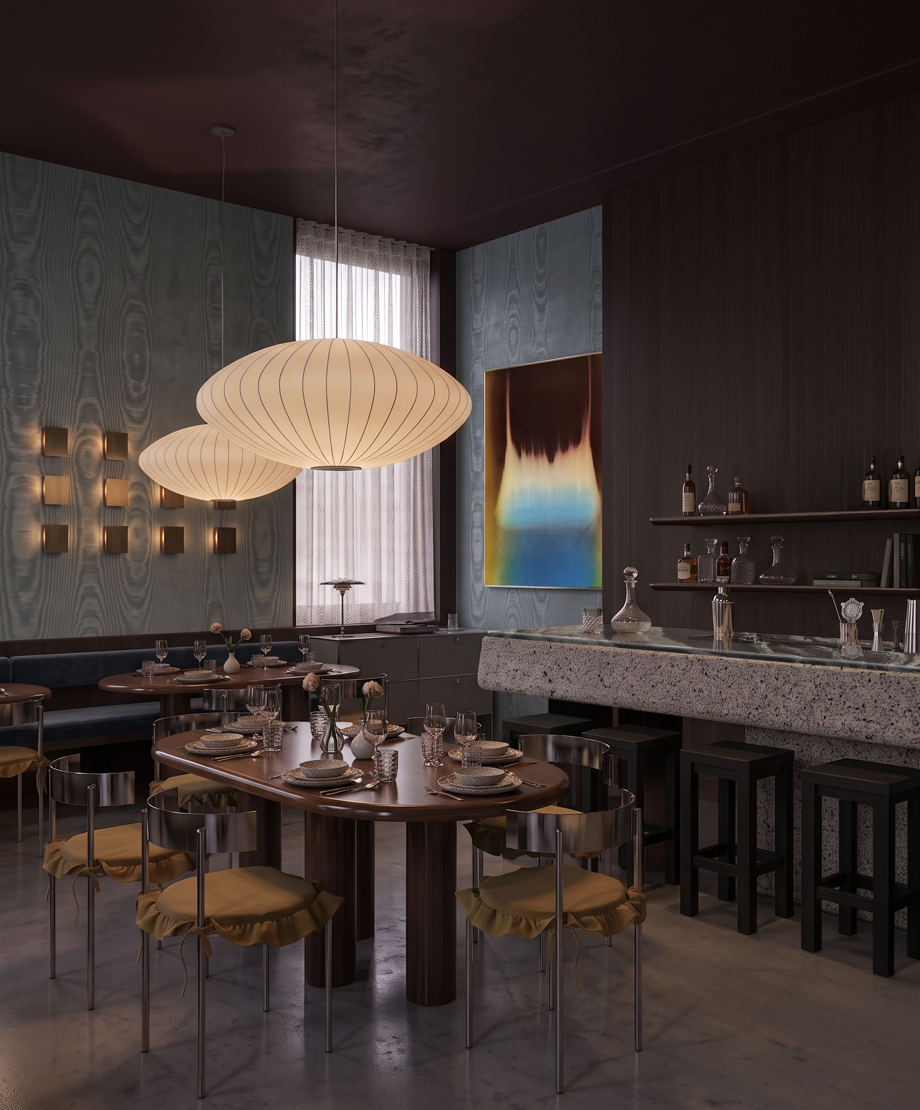 Interior of a modern restaurant with wooden tables, yellow cushioned chairs, a marble bar counter, contemporary lighting fixtures, and framed artwork on the wall.