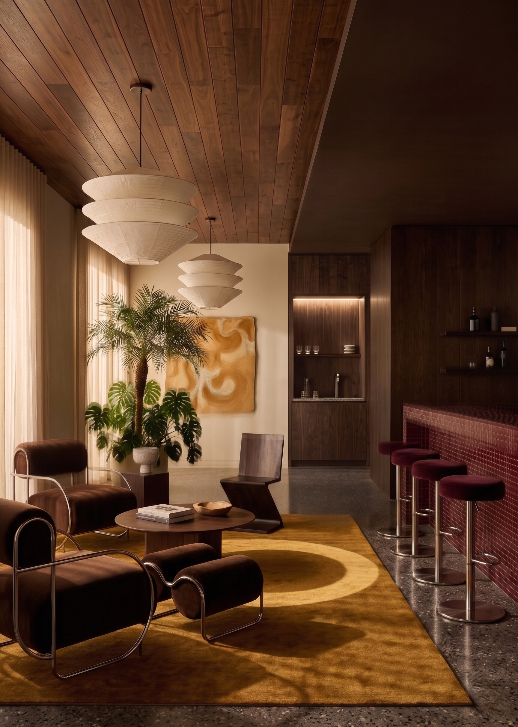 Interior of a modern lounge with dark wood-paneled ceiling, warm lighting, and a bar area with red tile and barstools. There are leather chairs, a round wooden table, a large potted plant, and abstract wall art.
