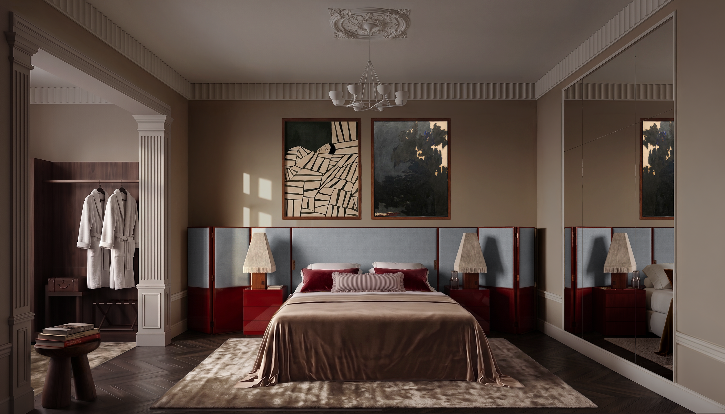 a classic quirky fun hotel room in unexpected colour and texture