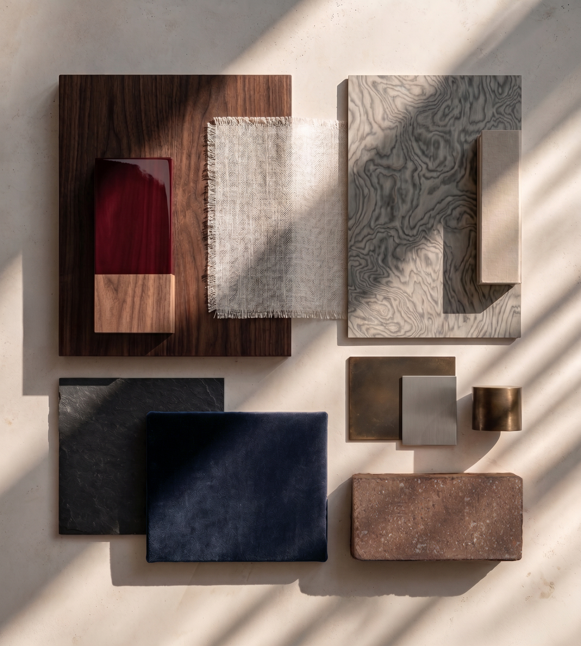 A collection of various tiles and slab samples arranged on a light-colored surface, including wood, marble, stone, and metal textures.