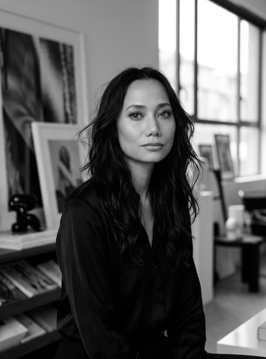 A woman with long wavy hair sitting in an art studio or gallery, with framed artwork and windows in the background, in black and white.