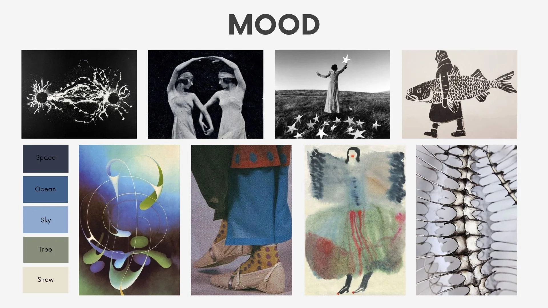 A digital mood board with black, white, gray, and pastel color images and labels for different moods like space, ocean, sky, tree, and snow.