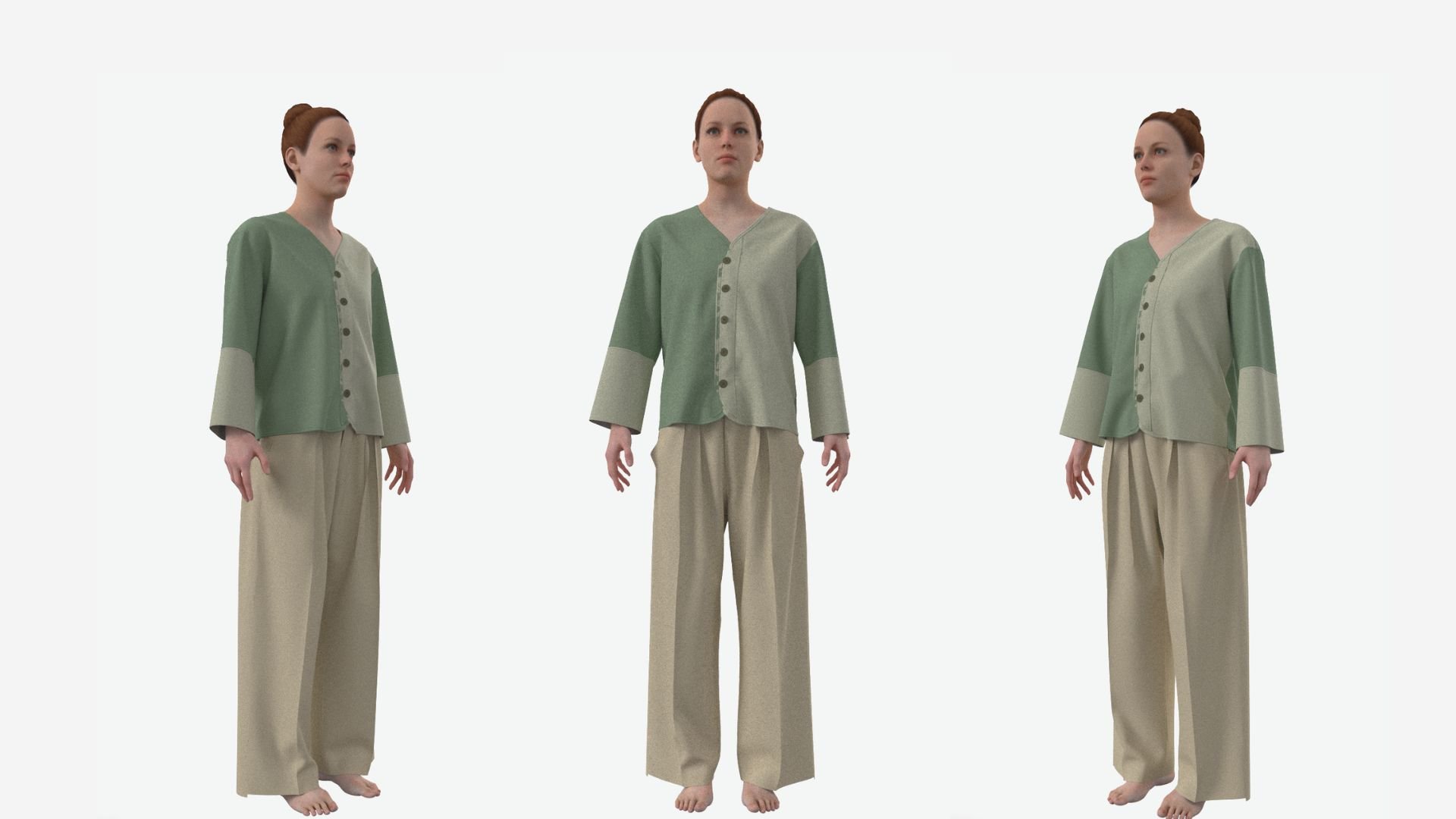Three mannequins dressed in green and beige loose-fitting pajamas, standing against a white background.