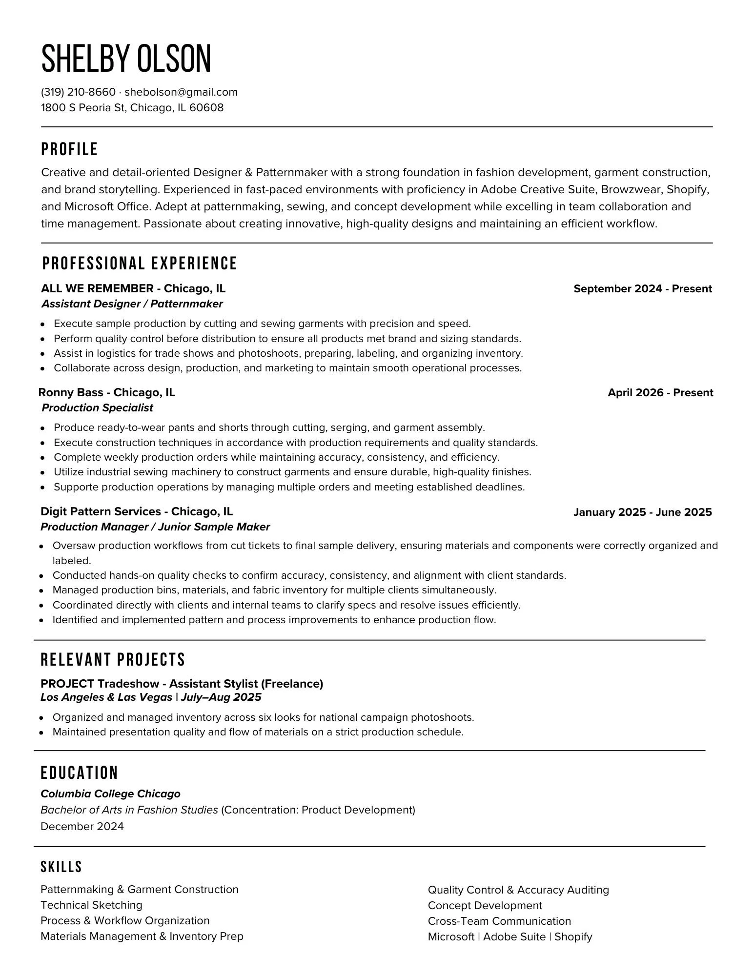 A resume or CV page for Shelby Olson featuring name, contact information, professional profile, work experience, education, skills, relevant projects, and associated dates.