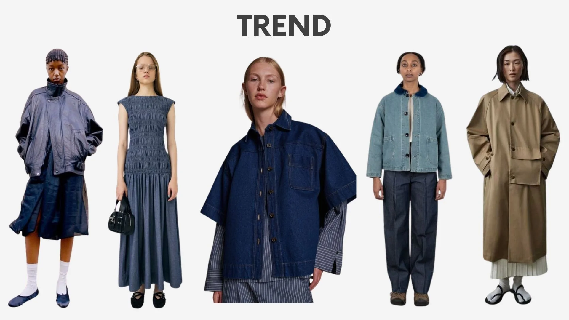 Models wearing modern fashion in a photoshoot, with the word 'TREND' displayed above.